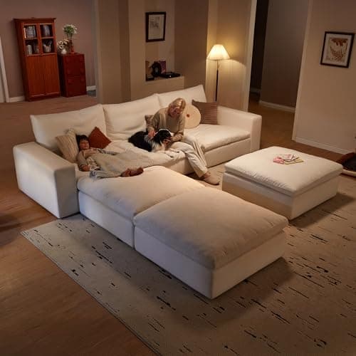 Vorthio Cloud Couch Sectional 113.8'' Oversized Modular Deep Seat Sofa L Shaped Comfy White Cloud Couch with Washable Cover for Living Room 3 Seater with 1 Ottoman 8