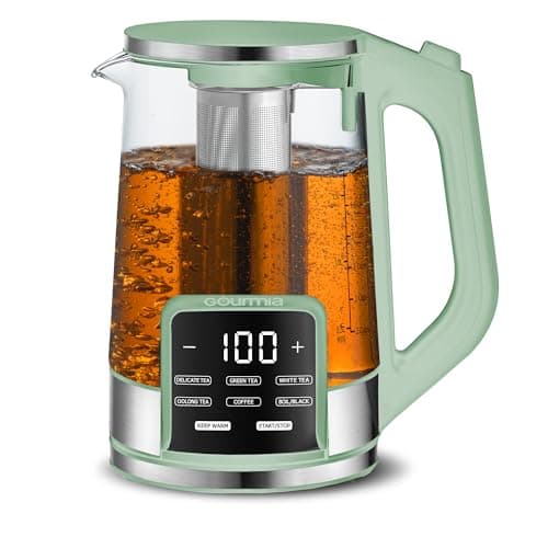 Gourmia Electric Glass Kettle – 1.7L Programmable Tea & Coffee Brewer with Digital Touch Display, 6 Presets, Removable Stainless Steel Infuser, Cordless with 360° Swivel Base, Green