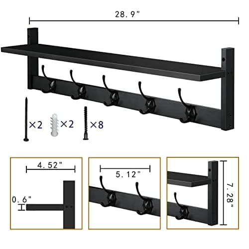 BAMEOS Wall-Mounted Shelf with Hooks - 28.9 Inch Entryway Hanging Shelf with 5 Dual Hooks for Bathroom, Living Room, Bedroom (Black) 6