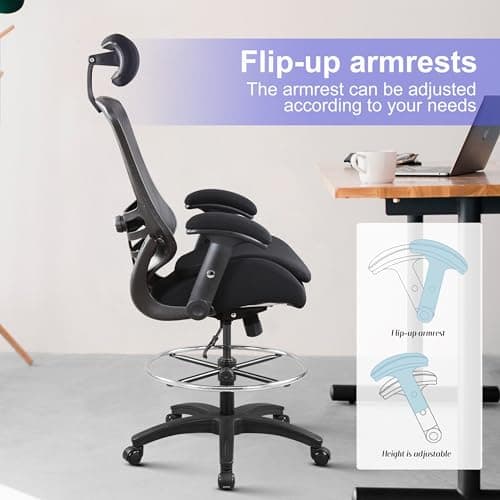 BOLISS 400lbs Ergonomic Drafting Chair,Tall Office Mesh Chair, Standing Desk Chair,Height Adjustable Armrest and Flip up Arms, Adjustable Lumbar Cushion (LB-2815DS, Black Frame Black Mesh) 6