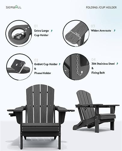SERWALL Foldable Adirondack Chair, HDPE Adirondack Chair with Wood-Texture-Gray 8