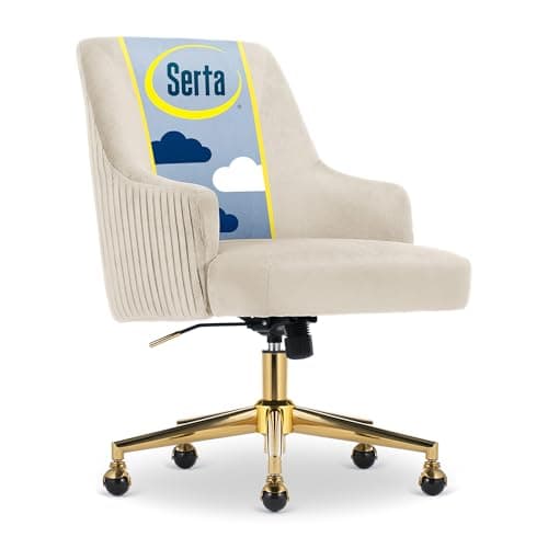Serta Scarlett Modern Office Chair, Pleated and Curved Mid-Back Desk Chair, Pocket Coil Seat Cushion, Padded Armrests, Vanity Armchair with Wheels, Swivel Gold Base, Beige Velvet Fabric