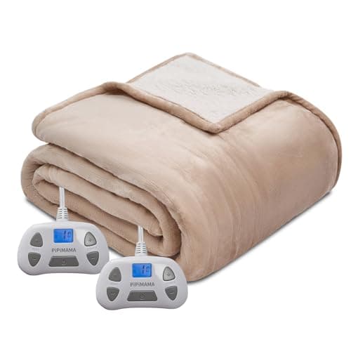 PiPiMAMA Electric Blanket Queen Size Dual Control,Flannel & Sherpa Plush 84"x 90" Heated Blanket Queen Heating Blanket with 10 Heating Levels,12 Hours Auto-Off Machine Washable(Khaki)