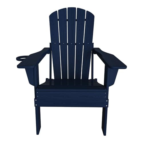 Plawdlik Folding Adirondack Chair, SGS Tested, Wooden Textured with Cup Holder, Heavy All-Weather HDPE Comfortable Set Poolside Backyard Lawn Navy Blue 9