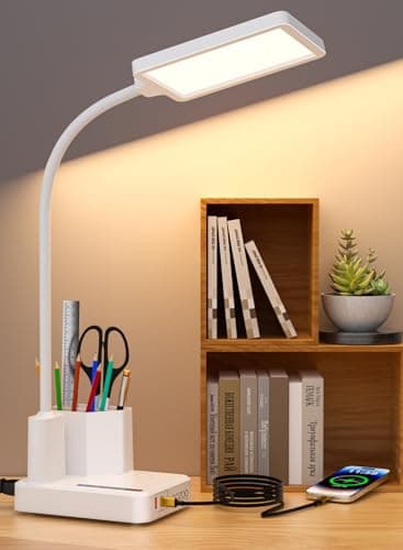 Desk Lamp, LED Desk Lamps for Home Office with 2 USB Charging Port/Outlet/Organizer,Desk Lamp for College Dorm Eye-Caring Study Light,Gooseneck Table Lamp with Pen Holders/Storage,9 Lighting Modes