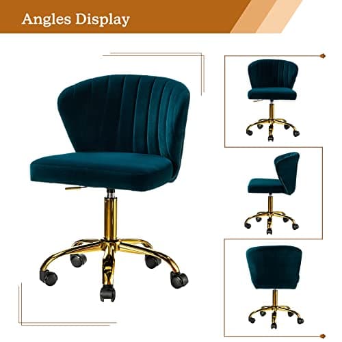 TINA'S HOME Office Desk Chairs with Wheels & Gold Base, Modern Velvet Cute Armless Office Chair, Adjustable Low Back Swivel Rolling Chair, Upholstered Task Chair for Living Room Vanity Study-Teal 6