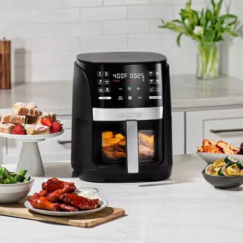 Gourmias 6-Qt Digital Window Air Fryer, 12 Presets, Guided Cooking, Touch Control, Stainless Steel, Nonstick Basket, Oil-Free Frying, 1500W, Auto Shutoff, Dehydrator Function, Family Size, 2