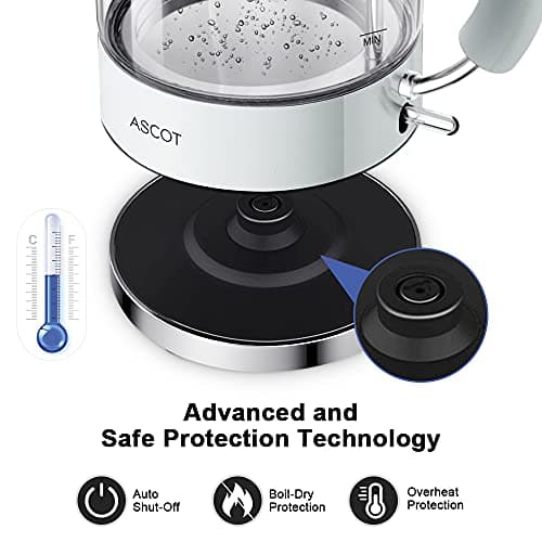 ASCOT Electric Kettle, Glass Electric Tea Kettle Gifts for Men/Women/Family 1.5L 1500W Borosilicate Glass Tea Heater, with Auto Shut-Off and Boil-Dry Protection (Polar White) 7