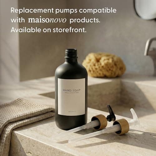 MaisoNovo Glass Dish Soap Dispenser for Kitchen Set of 2-16.9oz Dish and Hand Soap Dispenser Set for Kitchen - Black Glass Bottles x 2 with Black Bamboo Pumps & Tray 13