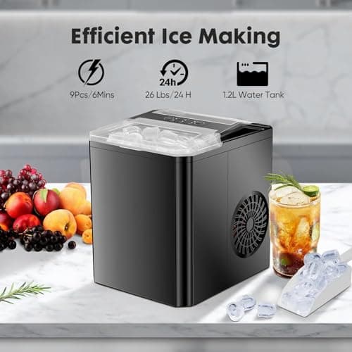 Sweetcrispy Countertop Ice Maker, Portable Ice Machine Self-Cleaning, 9 Cubes in 6 Mins, 26 lbs/24Hrs, 2 Sizes of Bullet Ice for Home Party Office,Elegant Black 6