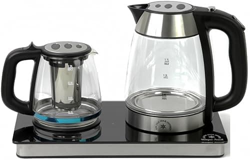 Middle Eastern Persian Iranian Russian Arab Turkish Style Electric Cordless Tea Maker Samovar Stainless Steel Glass Double Kettle Smart Keep Warm Tray Plate