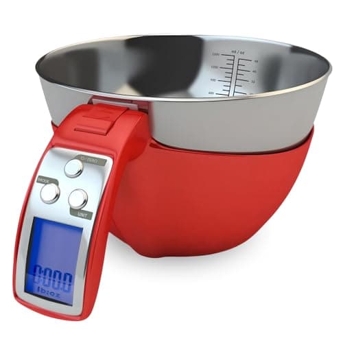 Fradel Digital Kitchen Food Scale with Bowl - 11lb, Grams & Ounces - Removable, Dishwasher-Safe Mixing Bowl - Red