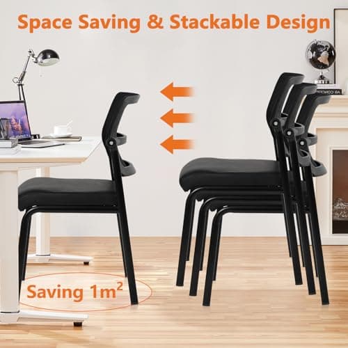 CLATINA Stackable Waiting Room Chair with Adjustable Mesh Backrest, Armless Office Guest Reception Chairs with Leather Cushion and Ergonomic Lumbar Support for Conference Lobby Side School, Black, 2PK 7