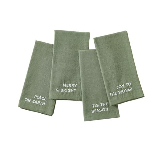 Elrene Home Fashions Joyful Holiday Sentiment Embroidered Napkins, Set of 4, 17"x17", Pine