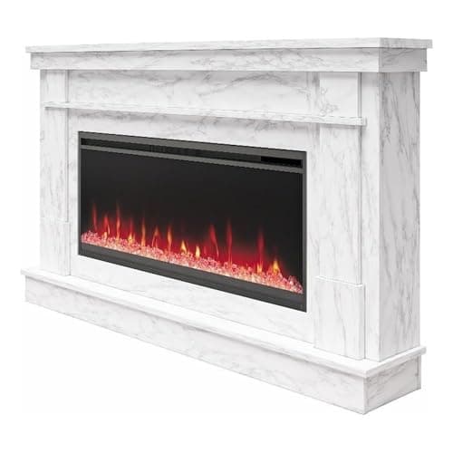 Novogratz Waverly 64 Inch Electric Fireplace with Mantel, Replaceable Fireplace Insert Heater, Remote Control, Timer, Color Changing Crystal Ember Flames, For Living Room or Bedroom, White Marble