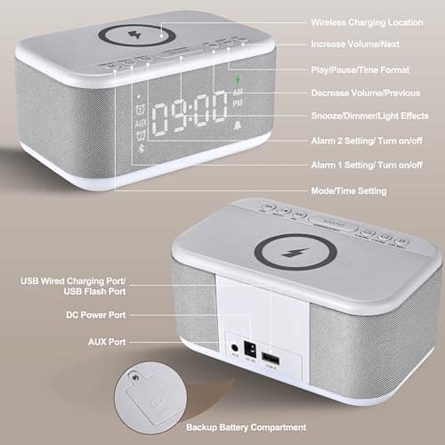 Alarm Clock Speaker Wireless Charger, Digital Alarm Clocks Bedrooms Bluetooth, Alarm Clock Dimmable Light Bedrooms Dual Alarm Snooze Dimmer 12 24H RGB Night Light Bluetooth USB AUX, Gray 8