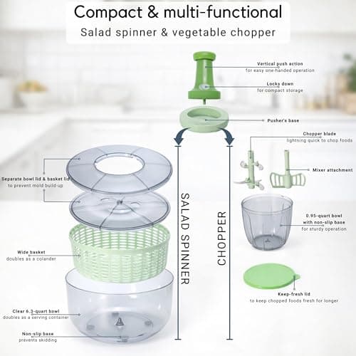 Brieftons Salad Spinner and Chopper: Large 6.3-Quart Lettuce Greens Vegetable Washer Dryer, with Bonus 0.95-Quart Veggie Chopper Mixer, Compact Storage, Easy Push Operation for Quick Veggie Prepping 7