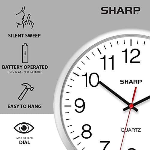 Sharp Wall Clock – Silver, Silent Non Ticking 14 Inch Quality Quartz Battery Operated Round Easy to Read Home/Kitchen/Office/Classroom/School Clocks, Sweep Movement 5