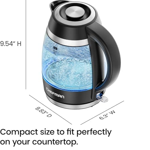 Chefman Electric Kettle, 1.8L 1500W, Hot Water Boiler, Removable Lid for Easy Cleaning, Auto Shut Off, Boil-Dry Protection, Stainless Steel Filter, BPA Free, Borosilicate Glass Electric Tea Kettle 8