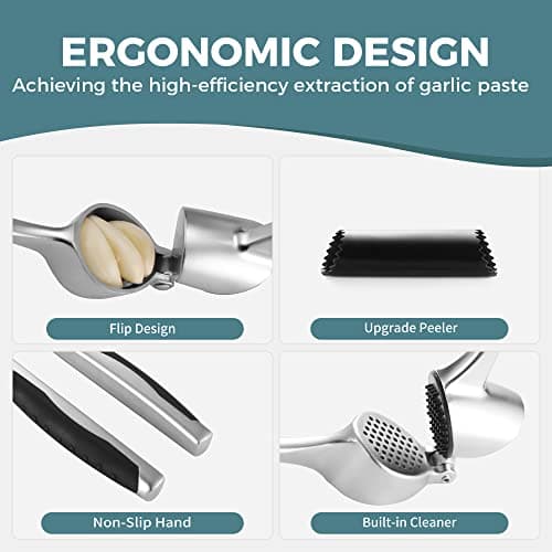KITEXPERT Garlic Press, Premium Garlic Mincer with Ergonomic Grip Handle, Professional Garlic Presser Crusher and Peeler Set, Sturdy Ginger Press for Nuts & Seeds, Easy to Clean and Dishwasher Safe 8