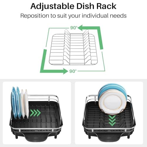 SNTD Dish Drying Rack, Expandable Dish Rack for Kitchen Counter, Stainless Steel Dish Drainer with Drainboard Set and Utensil Holder (Black) 6