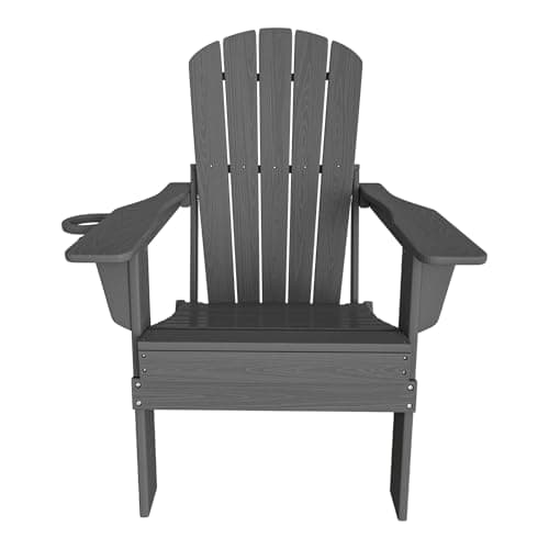Plawdlik Folding Adirondack Chair, SGS Tested, Wooden Textured with Cup Holder, Heavy All-Weather HDPE Comfortable Set Poolside Backyard Lawn Grey 10