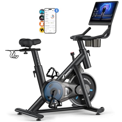 MERACH Exercise Bike, Magnetic Resistance Stationary Bike with Screen, 300lbs Indoor Cycling Bike with Exclusive App, Comfortable Bike Seat, Tablet Mount and Fitness Courses for Weight Loss