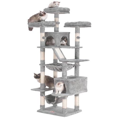 Heybly Cat Tree, 73 inches Tall Cat Tower for Large Cats 20 lbs Heavy Duty for Indoor Cats,Big Cat Furniture Condo for with Padded Plush Perch, Cozy Basket and Scratching Posts Light Gray HCT030W