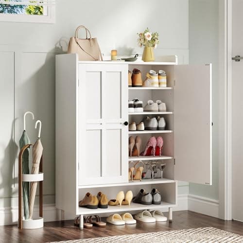 ONBRILL Shoe Storage Cabinet with Cross Molding Doors, 6-Tier Farmhouse Shoe Cabinet with 3 Adjustable Shelves and Metal Legs, 45'' Tall Shoes Rack Organizer Cabinet for Entryway, Front Door, White
