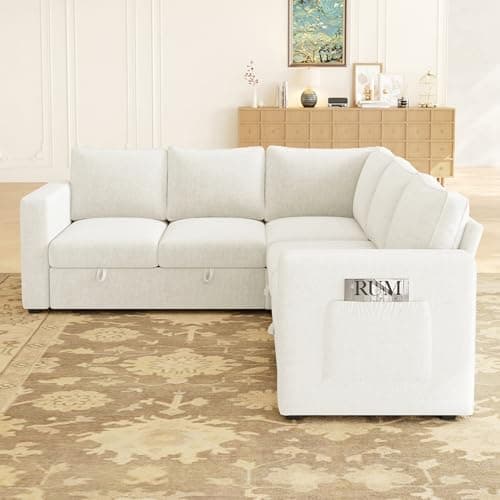 SUAWY 83.5" Sectional Sleeper Sofa with Pull Out Couch, Modern 5 Seat L Shaped Modular Couch, Sectionals Modular Sofa with Storage, Comfy Sectional Couches for Living Room & Apartment, Light Beige 9