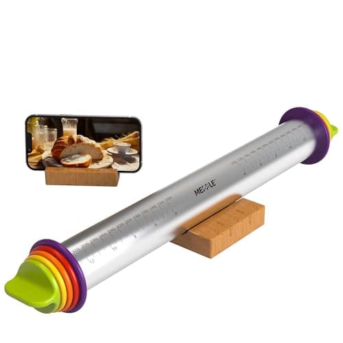 Mepple Stainless Steel Rolling Pin with Thickness Rings for Fondant, Pizza, Cookie, Pastry, Pie,Roller Rod for Dough Thickness,Rolling Pin for Baking, 13.6" with 4 Thickness Rings and Wooden Stand