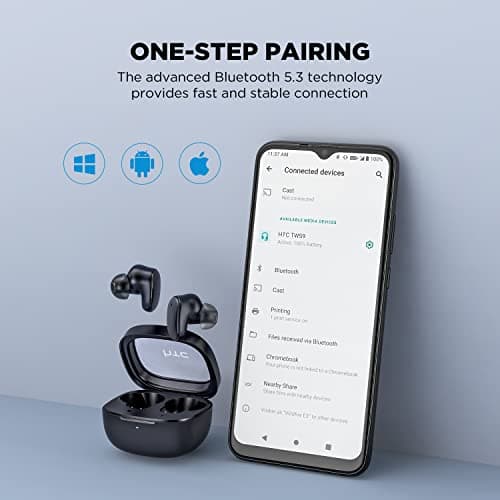 HTC True Wireless Bluetooth Earbuds 9 Bluetooth 5.3, in-Ear Earphones Transparent Case Design with Wireless Charging Fuction, 24Hour Playtime/Game Modes/Built-in Mic/Touch Control -Black 5