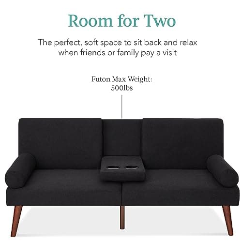 Best Choice Products Mid-Century Modern Upholstered Futon, Convertible Folding Sofa Bed, Small Couch w/Rounded Armrests, 2 Cupholders - Black 6