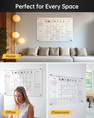 Acrylic Wall Calendar with Dry Erase Surface | 28x20 Clear Monthly Planning Board | Includes 8 Color Markers, Eraser, Multi-Color Standoff Screws, and Installation Kit | Perfect for Home & Office 6