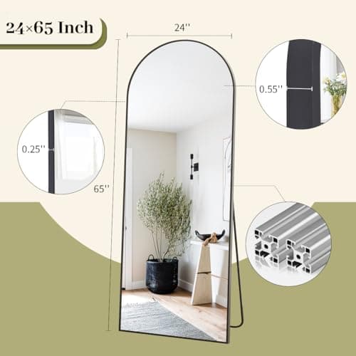 BEAUTYPEAK 65"x24" Full Length Mirror, Arch Full Body Floor Mirror, Wall Mirrors Hanging or Leaning Arched-Top with Stand for Bedroom, Dressing Room, Black 7