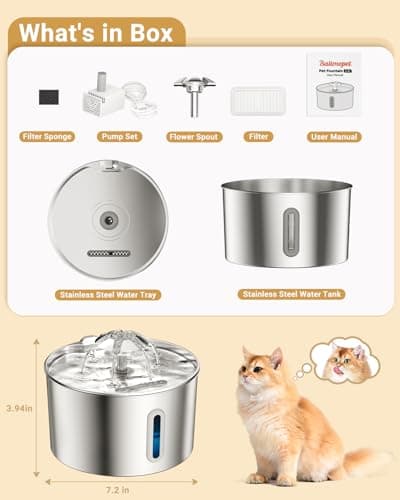 Cat Water Fountain Stainless Steel - 74oz/2.2L Pet Gift Dog Water Dispenser Automatic Silent Cats Dispenser for Drinking Indoor Metal Kitty Spout Fountains with 3 Filters & 3 Sponges Cat Dogs Gifts 8