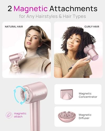 Hair Dryer, High-Speed Ionic Low Noise Blow Dryer with Brushless Motor for Fast Drying, Thermo-Control Quiet Compact Hair Blow Dryer with Magnetic Diffuser for Curly Hair for Home Travel Salon 5