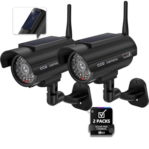 WALI Dummy Fake Camera, Solar Powered Fake Security Camera with LED Light, Simulated Surveillance Security CCTV Dome Cameras with Antenna and Warning Sticker Indoor Outdoor (SOL-TCB2), 2 Packs, Black
