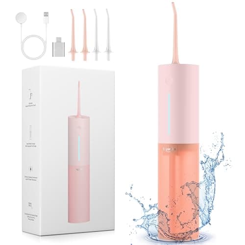 Cordless Water Flosser for Teeth Clean, Portable Electric Water Dental Flosser for Travel, 3 Modes 8 Intensities, IPX7 Waterproof Water Dental Picks for Gums Braces with 4 Tips (Pink)
