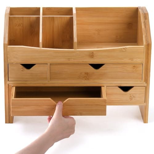 Lawei Bamboo Desk Organizer with Adjustable File Holder, Mini Desk Drawer Tabletop Organization Box with 4 Drawers for Makeup, Letter, Pens, Home Office Supplies, Vanity, 3 Layer, Fully Assembled 5