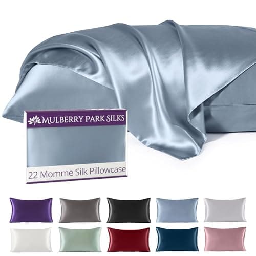 Mulberry Park 100% Silk Pillowcase - 22 Momme, Grade 6A Mulberry Silk - Deep Envelope Closure - Steel Blue/Standard (20'' x 26'')
