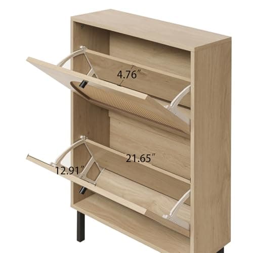 ZeHuoGe Rattan Shoe Cabinet with 2 Flip Drawers, Narrow Hidden Entrance Hallway Free Standing Shoe Rack for Heels, Slippers (Natural) 7