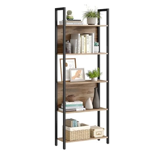 VASAGLE 5-Tier Bookshelf, Book Shelf, Industrial Bookcase, with Steel Frame, for Living Room, Home Office, Bedroom, 9.4 x 24.4 x 65 Inches, Camel Brown and Black ULLS025B50