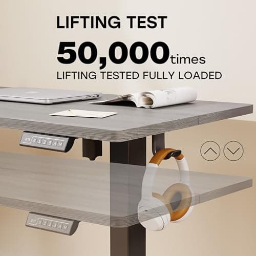 JYLH JOYSEEKER Grey Standing Desk, 48 X 24 Inch Adjustable Height Electric Table, Sit Stand Desk with 2 Hooks, Ergonomic Rising Workstation with Splice Board 7