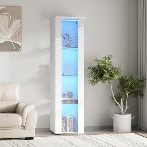 Pvillez 67" LED Display Cabinet with 4 Glass Shelves & 1 Door, Modern Curio Cabinet Collection Display Case Storage Cabinet, High Gloss Floor Standing Bookshelf for Living Room Bedroom Office (White)