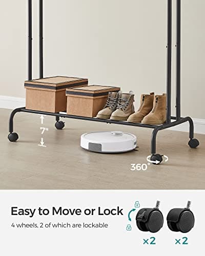SONGMICS Clothes Rack, Double-Rod Clothing Rack for Hanging Clothes with Wheels, Garment Rack, Metal Frame, 220 lb Max. Total Load, 40.7 Inches Wide, Clothes Storage and Display, Black UHSR107B01 7