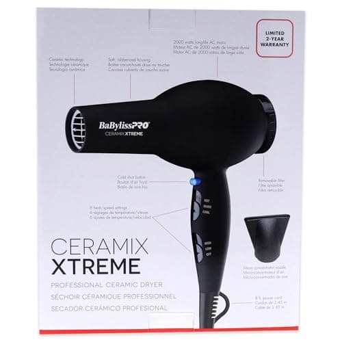 BaBylissPRO Ceramix Xtreme Hair Dryer, 2000-Watt Professional Blow Dryer with Concentrator Nozzle, 6 Heat/Speed Settings, For All Hair Types 7
