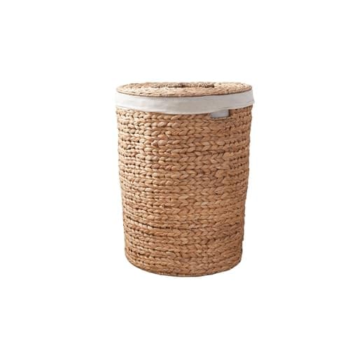 Round Handwoven Laundry Basket with Lid, 15 x 15 x 20 in – Water Hyacinth Wicker Hamper for Bedroom, Nursery & Laundry Room
