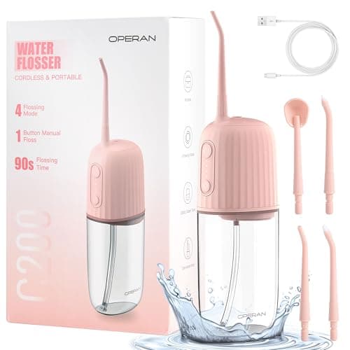 Operan Water Flossers for Teeth Cleaning Upgraded 200ml Cordless Water Dental Flossers Portable Rechargeable Oral Irrigator with 4 Modes 4 Jet Tips IPX7 Waterproof Water Floss for Home Travel (Pink)