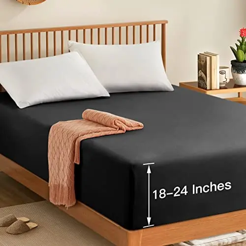 Manyshofu King Extra Deep Pocket Fitted Sheet Only - 1800 Thread Count Hotel Deep Fitted Sheet Up to 24 Inches Mattress, Charcoal Black Bottom Sheet 18-24 Inch Microfiber Deep King Mattress Sheet